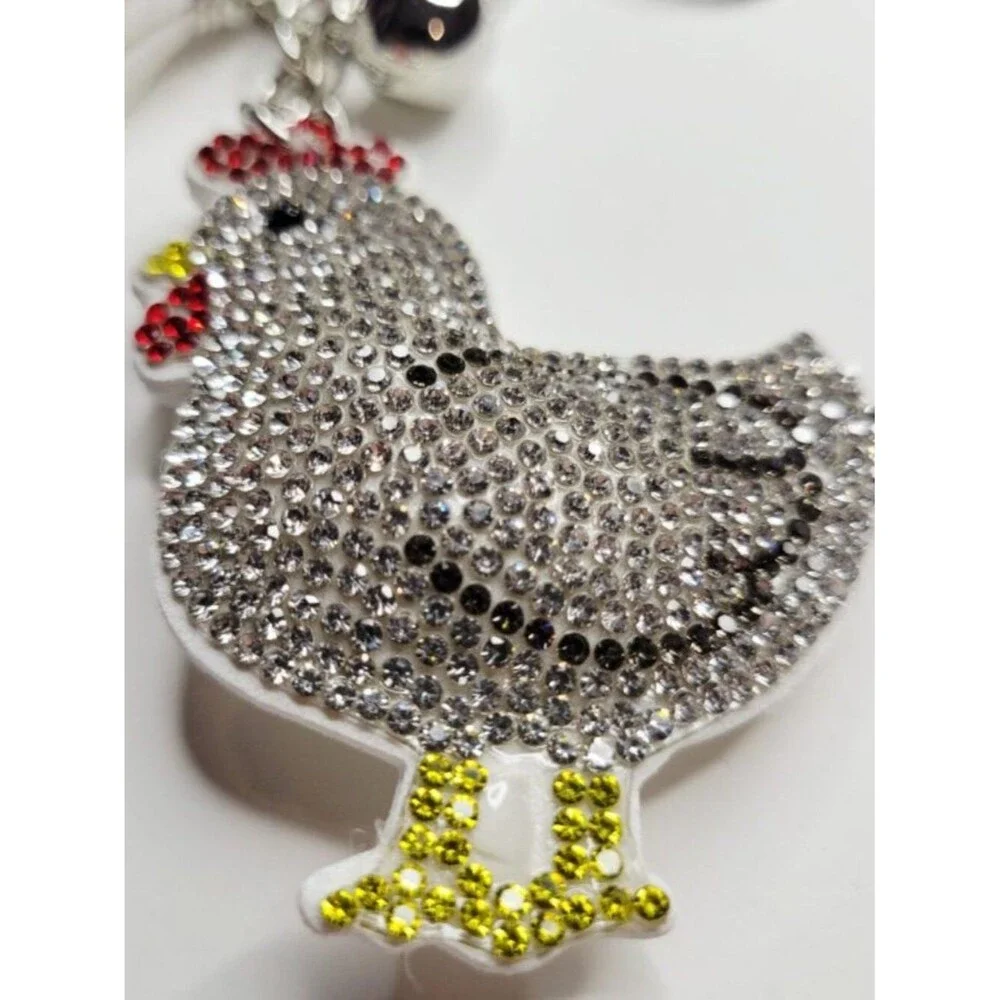 NWT Large Silver White Chicken Rooster Rhinestone Keychain Bag Charm W Tassel